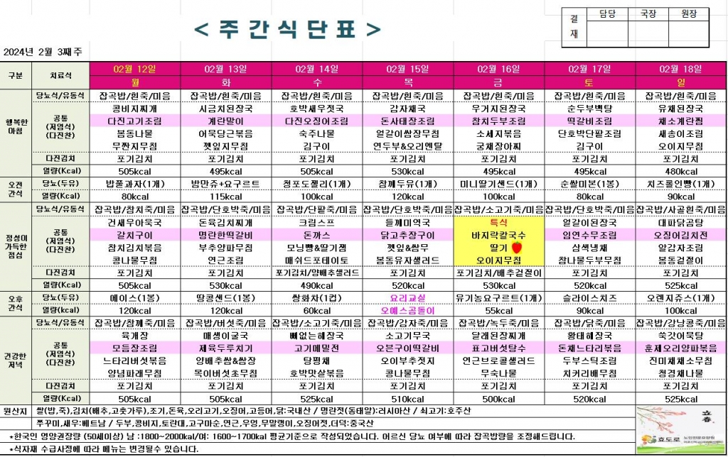 2024년 2월 3째주 식단표