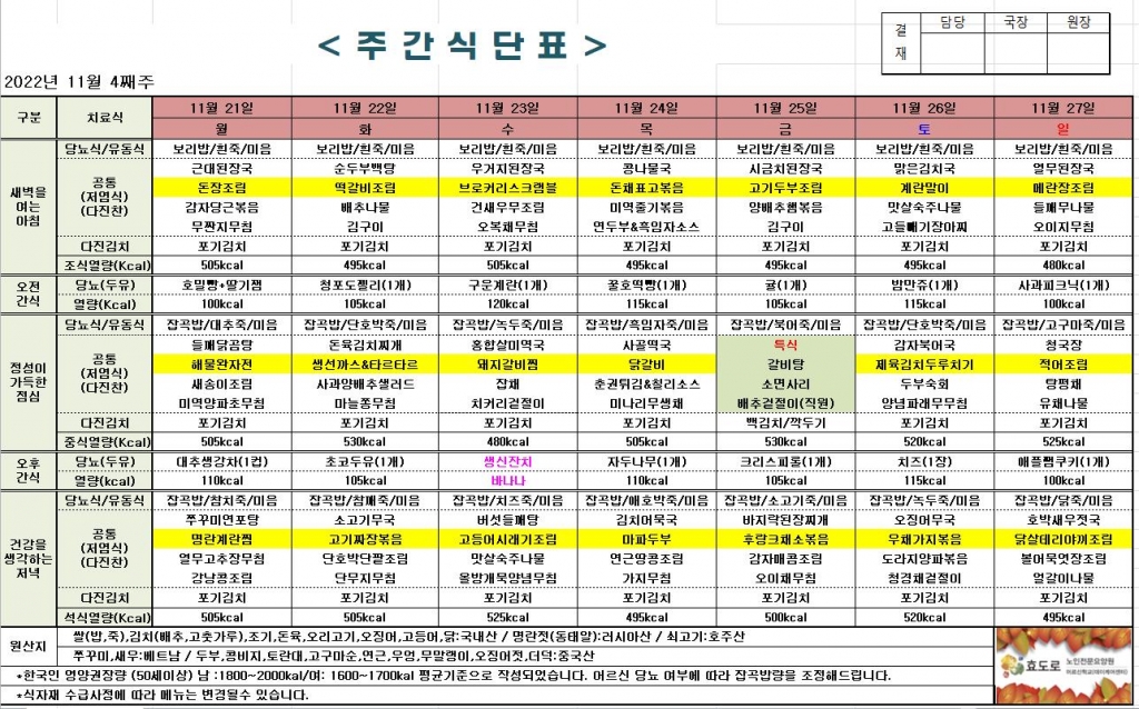 2022년 11월 4째주 식단표